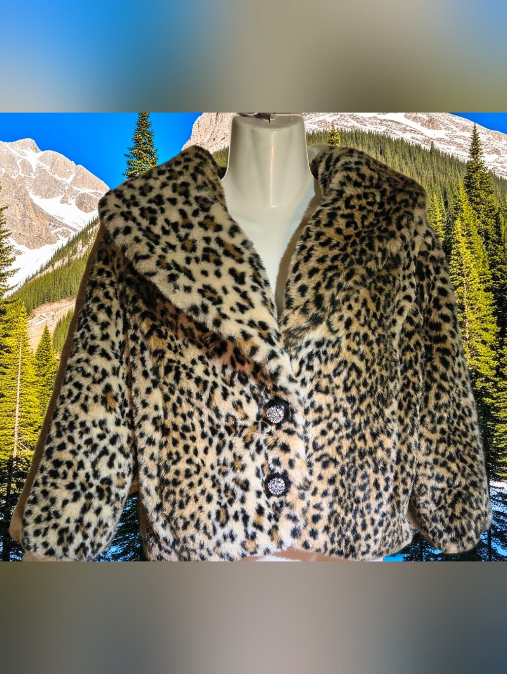 Leopard Faux Fur Jacket Lrg. Custom Rhinestone Buttons, Superb Condition